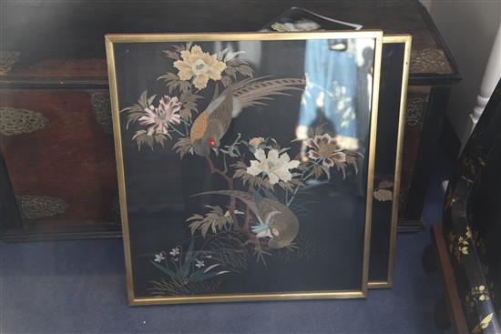 Two Japanese black silk panels, early 20th century, largest 64 x 57cm